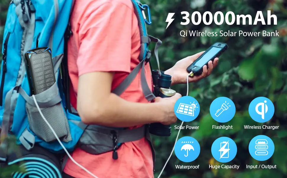 Cargador solar portátil, batería de 30000 mAh con linterna LED de  emergencia y puertos de salida USB-A de 2 x 2.1 A compatibles con iPhone  14/13