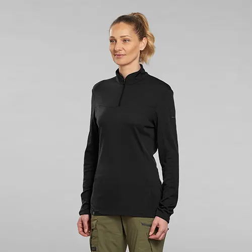 camiseta montana y trekking lana merina mujer forclaz trek 500 negro